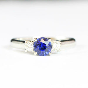 1ct Round Cut Blue Sapphire Diamond Trilogy Engagement Ring 14k WhiteGold Finish