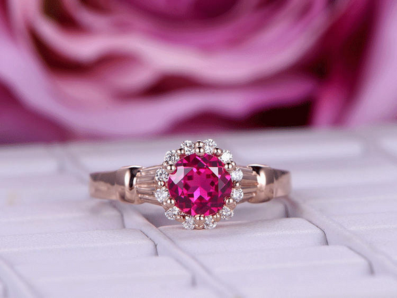 1.5ct Round Cut Ruby Engagement Ring Vintage Floral Style 14k Rose Gold Finish