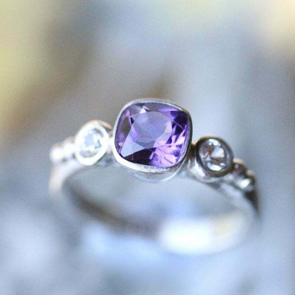 1.2ct Cushion Cut Purple Amethyst Engagement Ring Trilogy 14k White Gold Finish