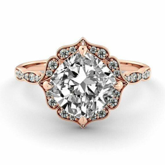 1.5ct Cushion Cut VVS1 Diamond Floral Women Engagement Ring 14k Rose Gold Finish