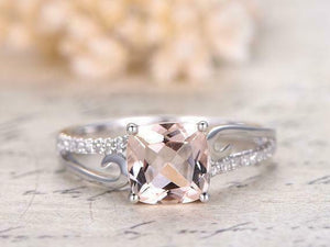 1.2ct Cushion Cut Peach Morganite Engagement Ring 14k WhiteGold Over Split Shank