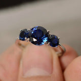 2ct Round Cut Blue Sapphire Three Stone Engagement Ring 14k White Gold Finish