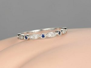 1ct Round Cut Blue Sapphire Half Eternity Stackable Band 14k White Gold Finish