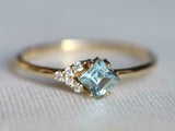 1ct Engagement Ring Asscher Cut Aquamarine Petite Minimalist 14k YellowGold Over