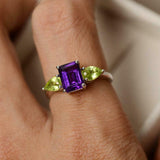 2ct Emerald Cut Purple Amethyst Pear Accents Trilogy Ring 14k White Gold Finish