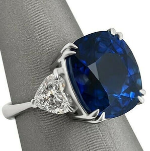 3Ct Cushion Cut Sapphire Diamond Trilogy Ring 14K White Gold Finish Heart Accent