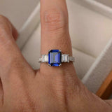 2.2ct Emerald Cut Blue Sapphire Engagement Ring Five Stone 14k White Gold Finish