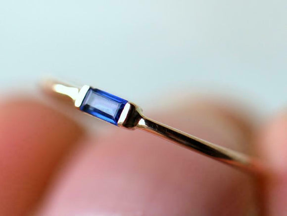 0.4ct Engagement Ring Baguette Cut Blue Sapphire Minimalist 14k Yellow Gold Over