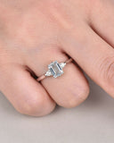 3Ct Emerald Cut Blue Aquamarine Engagement Ring 14K White Gold Over Round Accent