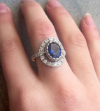 2.7ct Oval Cut Blue Sapphire Vintage Inspired Halo Ring 14k White Gold Finish