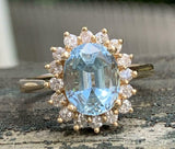 4ct Engagement Ring Oval Cut Blue Aquamarine Diamond Halo 14k Yellow Gold Finish