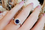 1ct Round Cut Blue Sapphire Engagement Ring 14k White Gold Finish Halo Cluster