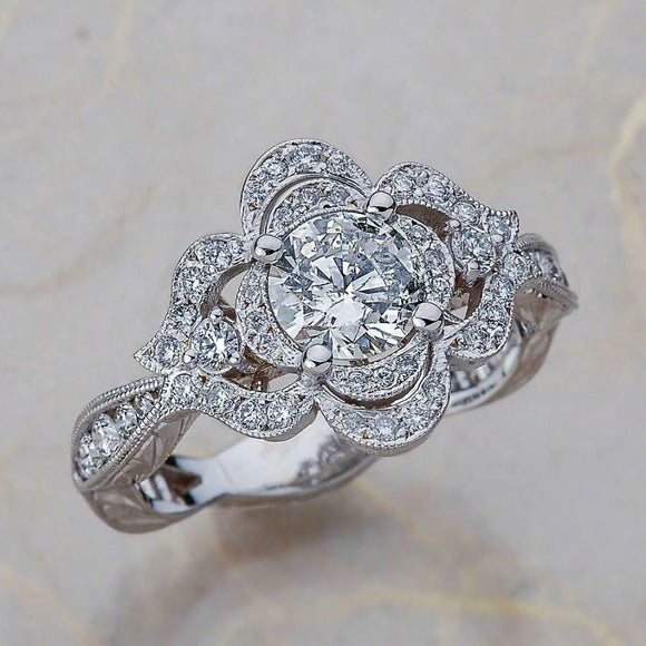 4Ct Round Cut Diamond Vintage Flora Art Deco Engagement Ring 14K White Gold Over