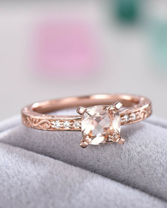 1Ct Cushion Cut Peach Morganite Vintage Style Engagement Ring 14K Rose Gold Over