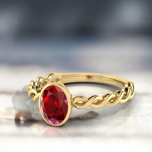 1Ct Oval Cut Red Garnet Trendy Braided Shank Solitaire Ring 14K Yellow Gold Over