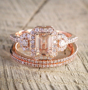 7Ct Emerald Cut Peach Morganite Diamond Bridal Trio Ring Set 14K Rose Gold Over