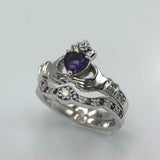 2ct Heart Purple Amethyst Engagement Ring Claddagh Bridal Set 14k WhiteGold Over