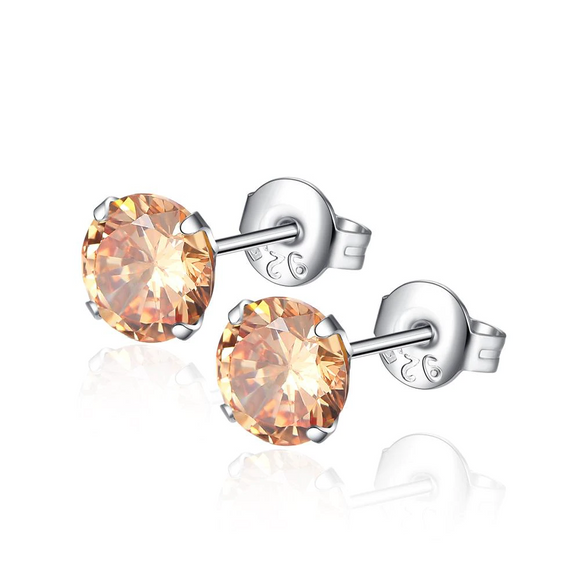 1Ct Round Cut Peach Morganite Solitaire Slim Stud Earrings 18K White Gold Finish