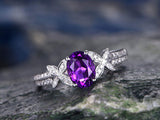 2.3Ct Oval Cut Purple Amethyst Leaf Accent Engagement Ring 14K White Gold Finish