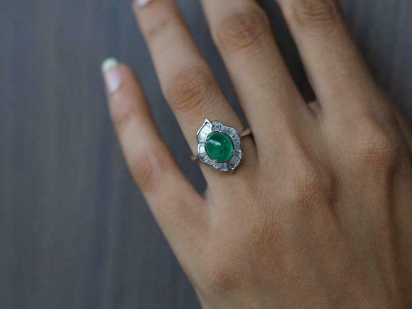 2ct Engagement Ring Oval Cut Green Emerald Halo Solitaire 14k White Gold Finish