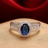 2Ct Oval Cut Blue Sapphire Halo Split Band Engagement Ring 14K White Gold Finish