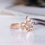 1.6ct Round Cut Morganite Engagement Ring Crown Bridal Set 14k Rose Gold Finish