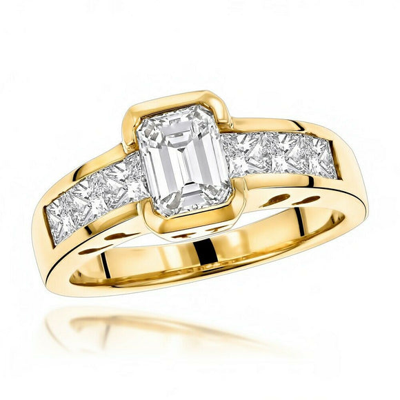 2Ct Emerald Cut Diamond Bezel Set Solitaire Engagement Ring 14K Yellow Gold Over