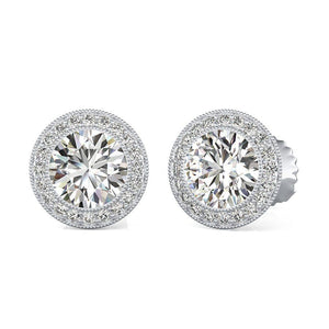 Milgrain Halo Stud Earrings 1.7ct Round Cut VVS1D Diamond 14k White Gold Finish