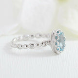 1.6ct Oval Cut Blue Aquamarine Diamond Accents Floral Ring 14k White Gold Finish