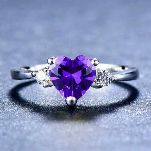 1ct Heart Purple Amethyst Engagement Ring 14k White Gold Finish Trilogy Diamond