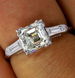 3.5Ct Asscher Cut Trilogy Engagement Ring 18K White Gold Finish Baguette Accents