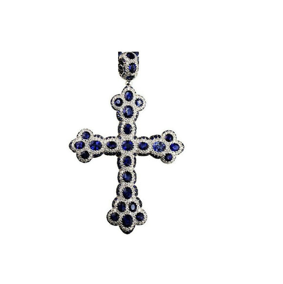 6Ct Oval Cut Blue Sapphire Diamond Halo Iced Cross Pendant 14K White Gold Finish