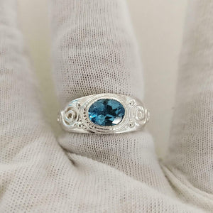 2ct Oval Cut London Blue Topaz Vintage Inspired Ring 14k White Gold Finish