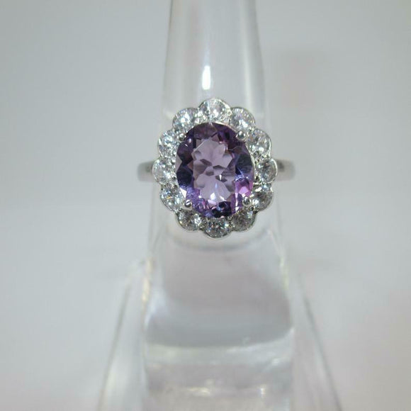 3ct Engagement Ring Oval Cut Purple Amethyst Floral Cluster 14k WhiteGold Finish