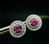 2.75ct Stud Earrings Round Cut Pink Ruby Diamond Dual Halo 14k White Gold Finish