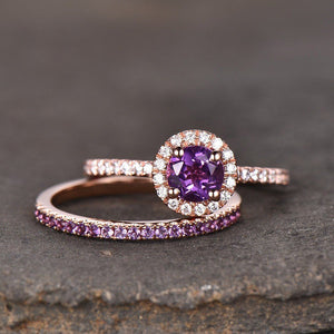 1.6ct Round Purple Amethyst Halo Bridal Set Engagement Ring 14k Rose Gold Finish