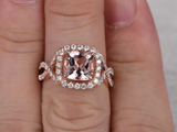 2.5ct Cushion Cut Morganite Infinity Band Halo Engagement Ring 14k RoseGold Over