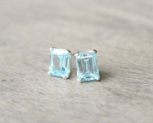 1.2ct Stud Earrings Emerald Cut Aquamarine Solitaire Design 14k WhiteGold Finish