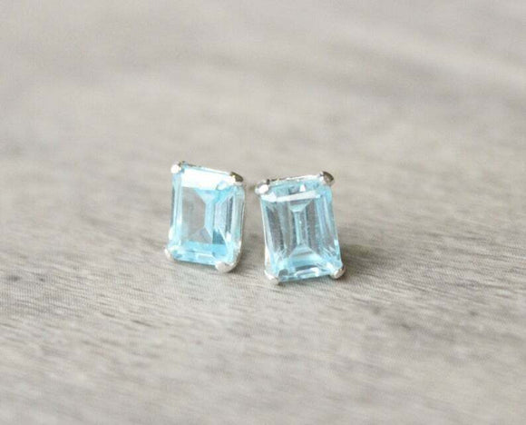 1.2ct Stud Earrings Emerald Cut Aquamarine Solitaire Design 14k WhiteGold Finish