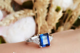 1.5ct Emerald Cut Blue Sapphire Engagement Ring 14k White Gold Finish Trilogy