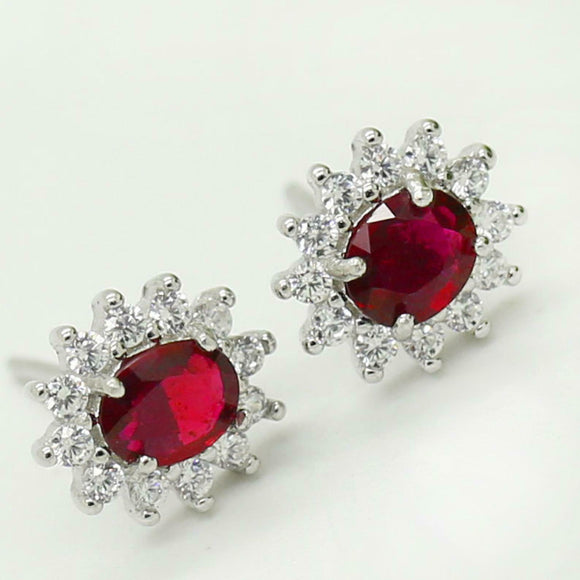 2.3ct Oval Cut Pink Ruby Diamond Floral Halo Stud Earrings 14k White Gold Finish