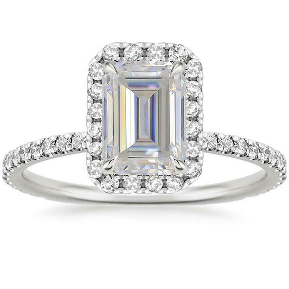 4Ct Emerald Cut Diamond High Set Halo Women Engagement Ring 14K White Gold Over