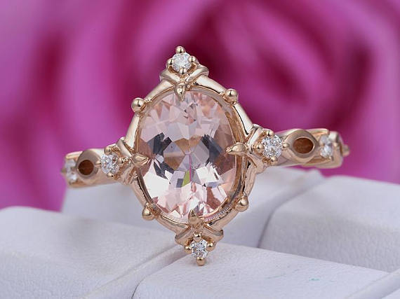 2ct Oval Cut Peach Morganite Vintage Antique Engagement Ring 14k Rose Gold Over