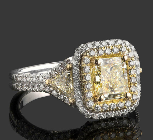 3.5ct Cushion Cut Yellow Sapphire Diamond Double Halo Ring 14k Dual Gold Finish