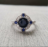 3Ct Round Cut Blue Sapphire Halo Antique Engagement Ring 14K White Gold Finish