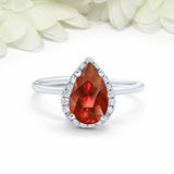 3ct Pear Red Garnet Engagement Ring Diamond Halo Minimalist 14k WhiteGold Finish