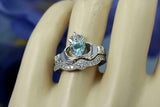 2ct Heart Blue Aquamarine Engagement Ring Claddagh Bridal Set 14k WhiteGold Over