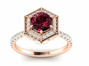 2.3ct Round Cut Red Garnet Halo Solitaire with Accents Ring 14k Rose Gold Finish