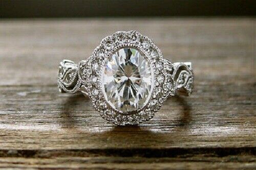 3Ct Oval Cut Diamond Milgrain Vintage Halo Engagement Ring 14K White Gold Finish