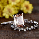 2ct Emerald Cut Morganite Engagement Ring Bridal Set Band 14k White Gold Finish